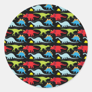 Dinosaur Designs Blue Red Green on Black Classic Round Sticker