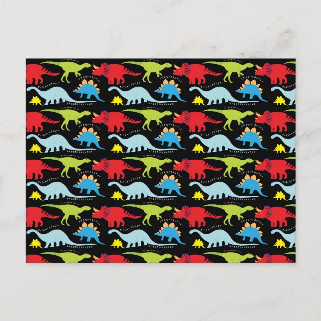 Dinosaur Designs Blue Red Green on Black Postcard (Front)