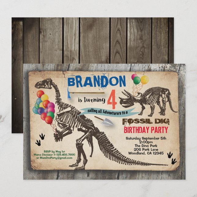 Dinosaur dig birthday invitation rustic fossil (Front/Back)