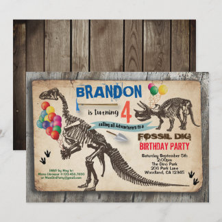 Dinosaur dig birthday invitation rustic fossil