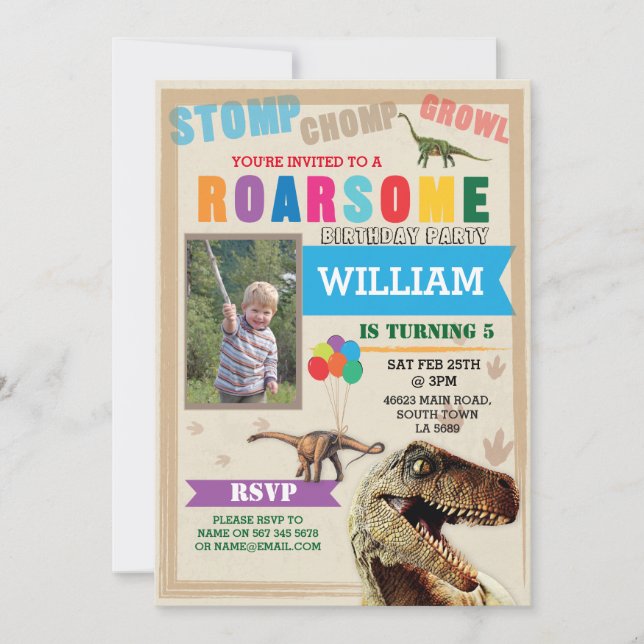 Dinosaur Dig Birthday Party T-Rex Photo Invite (Front)