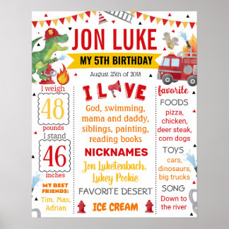 Dinosaur Dino Firefighter Firetruck Birthday 1069 Poster