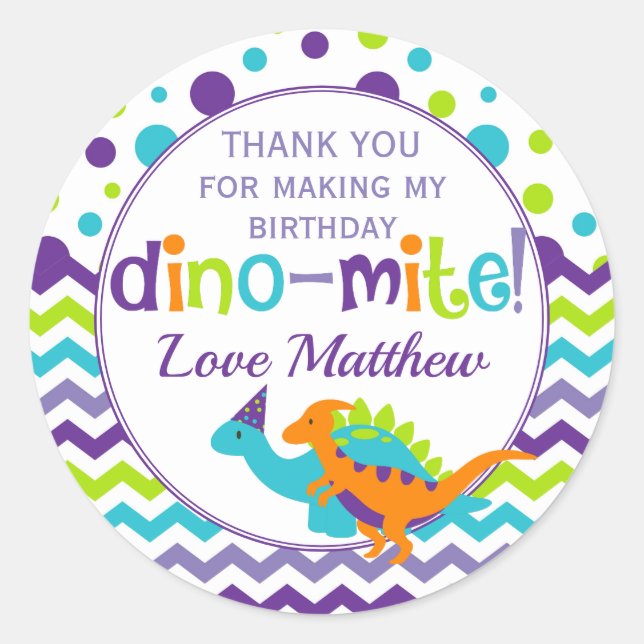 Dinosaur Dino Mite Thank You Birthday Party Classic Round Sticker (Front)