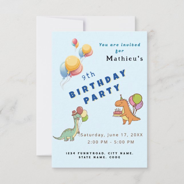 Dinosaur dino party kids birthday blue funny card (Front)