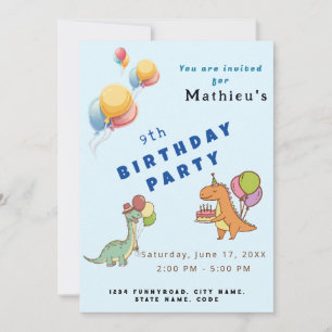 Dinosaur dino party kids birthday blue funny invitation