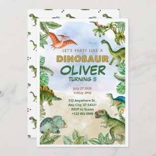 Dinosaur Dino T-rex 5th Birthday Invitations Cards