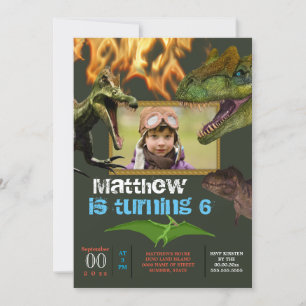 Dinosaur DIY photo boys theme party flames Invitation