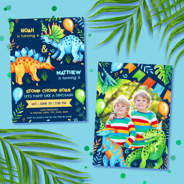 Dinosaur Double Celebration Boys Birthday Photo Invitation (Dinosaur Joint Boys Birthday Party Photo Invitation)
