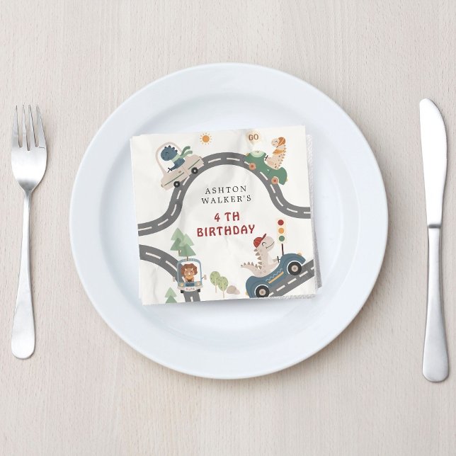 Dinosaur Driver Party Animals Kids Birthday Napkin (Creator Uploaded)