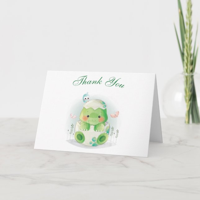 Dinosaur Egg Baby Shower Watercolor Thank You Card (Front)