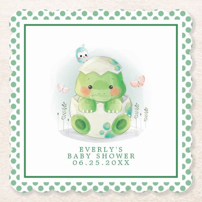 Dinosaur Egg Cute Watercolor Boy Baby Shower Paper Coaster (Front)
