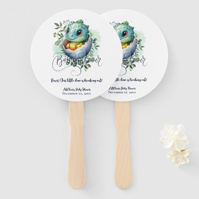 Dinosaur Egg Cute Watercolor Leaves Baby Shower Hand Fan (Front and Back)