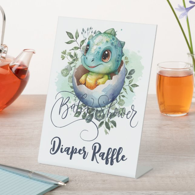 Dinosaur Egg Cute Watercolor Leaves Baby Shower Pedestal Sign (In SItu)