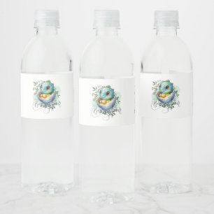 Dinosaur Egg Cute Watercolor Leaves Baby Shower Water Bottle Label