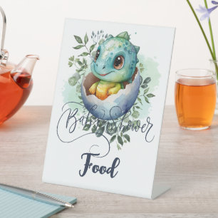 Dinosaur Egg Watercolor Leaves Baby Shower Food Pedestal Sign