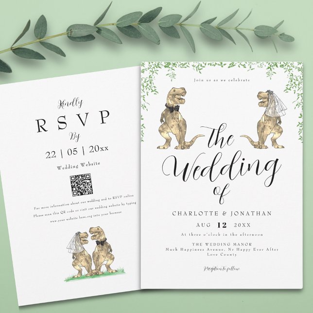 Dinosaur Eucalyptus Foliage Wedding Invitation (Stylish Botanical dinosaur wedding invitation with qr code)