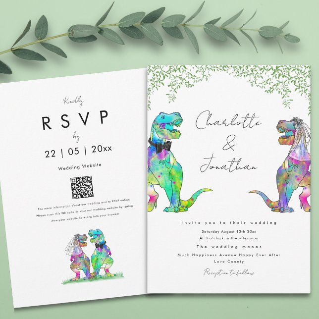 Dinosaur Eucalyptus Foliage Wedding Invitation (Boho botanical dinosaur wedding invitation with qr code)