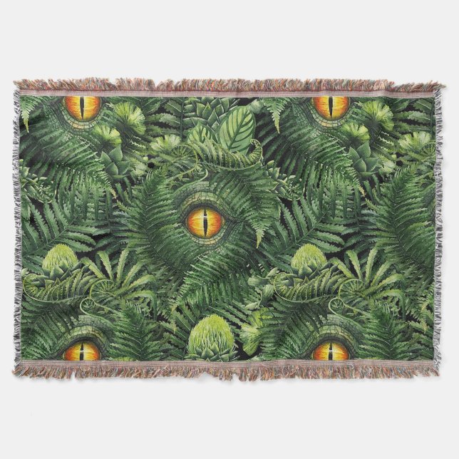 Dinosaur Eyes Green Plants Ancient Creature Art Throw Blanket (Front)