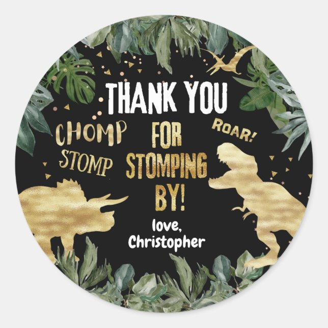 Dinosaur Favour Thank You Stomping By Classic Round Sticker (Front)