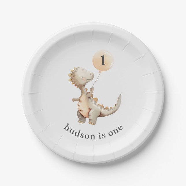 Dinosaur First Birthday Balloon Paper Plate (Front)