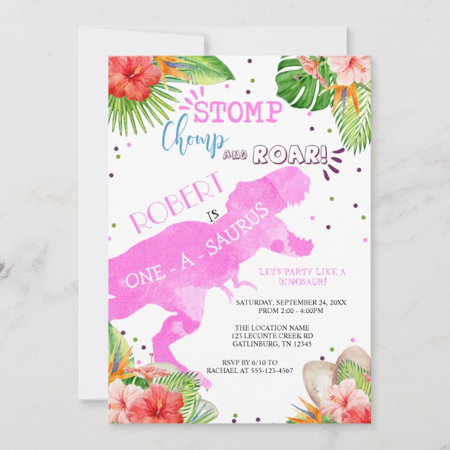 Dinosaur First Birthday Invitation Girl (Front)