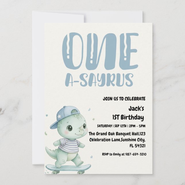Dinosaur First Birthday, Skateboard Dinos 1 st  Invitation (Front)