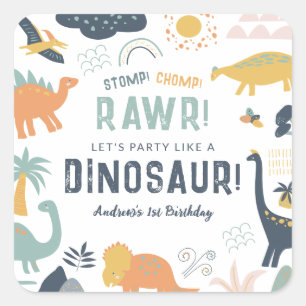 Dinosaur First Birthday Stomp Chomp Roar Square Sticker