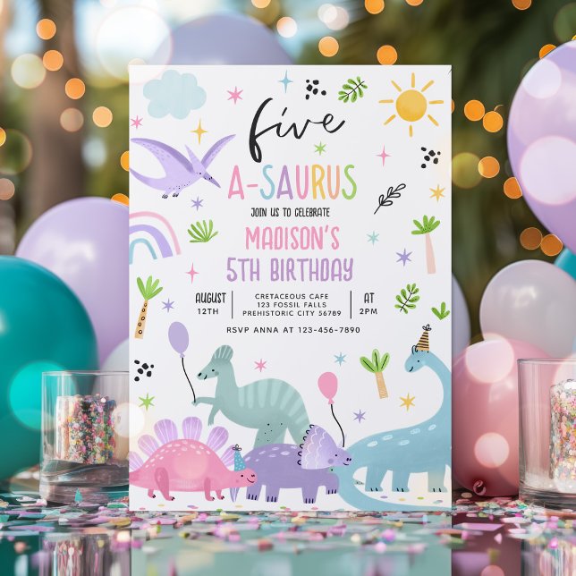 Dinosaur Five-A-Saurs Pink 5th Birthday Party Invitation (Creator Uploaded)