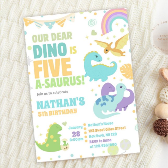 Dinosaur Five-A-Saurus 5th Birthday Party Pastel Invitation (Creator Uploaded)