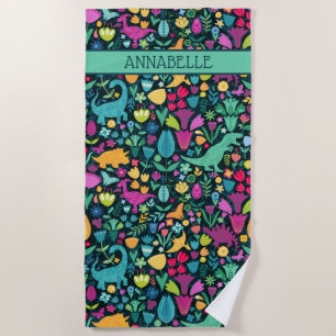 Dinosaur Floral Folk Silhouettes Beautiful Girls Beach Towel