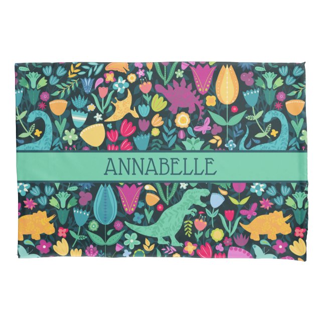 Dinosaur Floral Folk Silhouettes Beautiful Girls Pillowcase (Front)