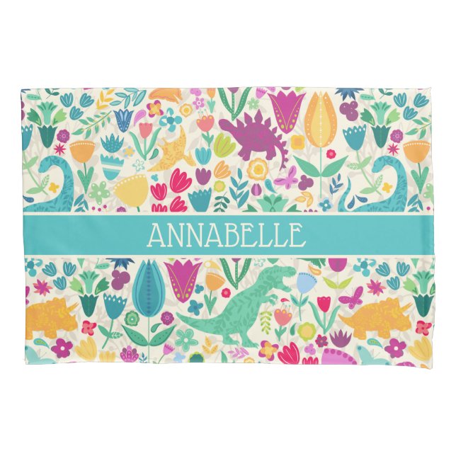 Dinosaur Floral Folk Silhouettes Beautiful Girls Pillowcase (Front)