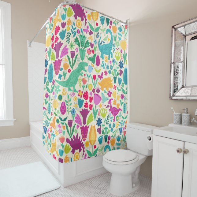 Dinosaur Floral Folk Silhouettes Beautiful Girls Shower Curtain (In Situ)
