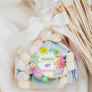 Dinosaur Floral Glitter Baby Girl 1st Birthday  Classic Round Sticker