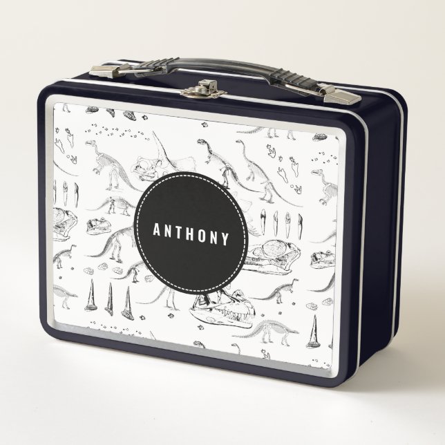 Dinosaur Fossil Bones Custom Name School Metal Lunch Box (Front)