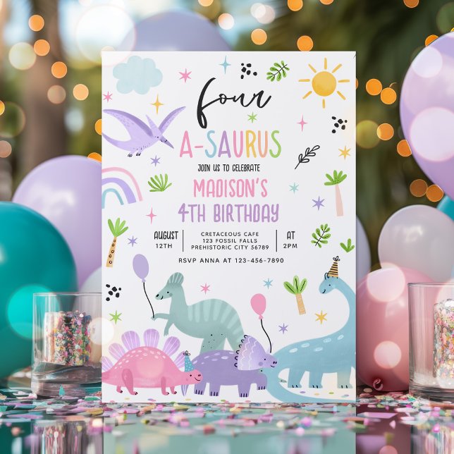 Dinosaur Four-A-Saurs Pink 4th Birthday Party Invitation (Creator Uploaded)