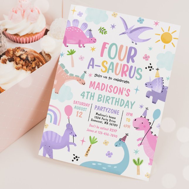 Dinosaur Four-A-Saurus 4th Birthday Party Invitation (Creator Uploaded)