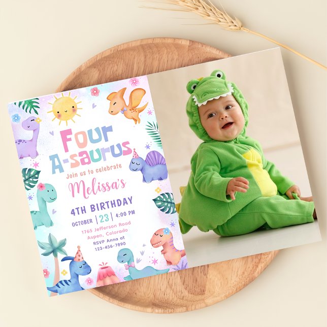 Dinosaur Four-A-Saurus 4th Birthday Photo Invitation (Creator Uploaded)