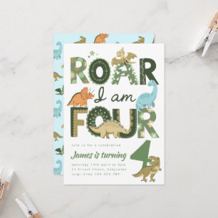 Dinosaur Fourth Birthday Invite, Roar I'm Four Invitation