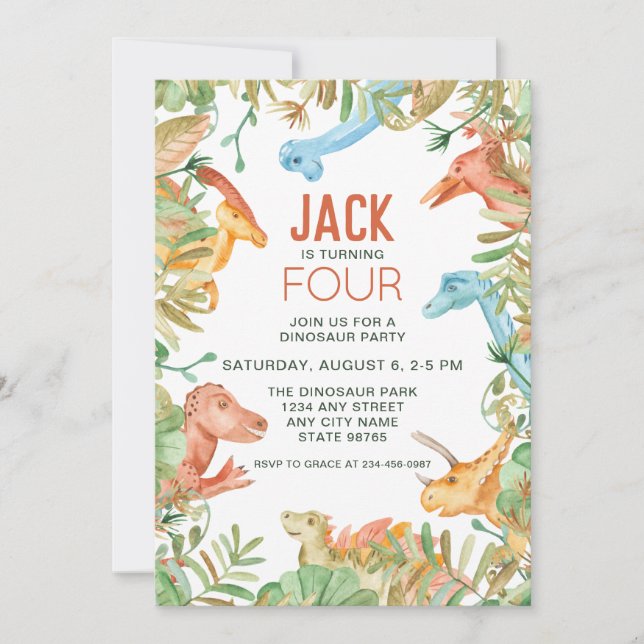 Dinosaur Fourth Birthday Party Invitation (Front)