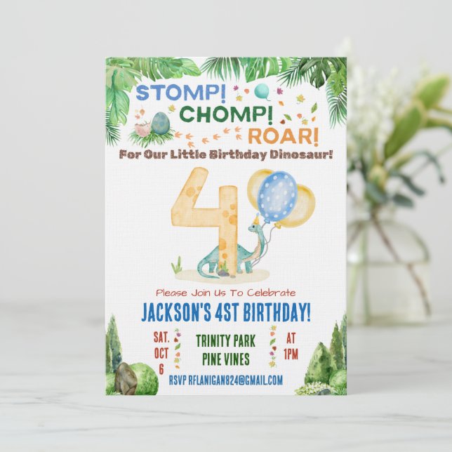 Dinosaur Fourth Birthday Party Invitation (Standing Front)