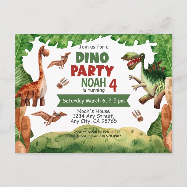 Dinosaur Fourth Birthday Party Invitation Postcard (Front)