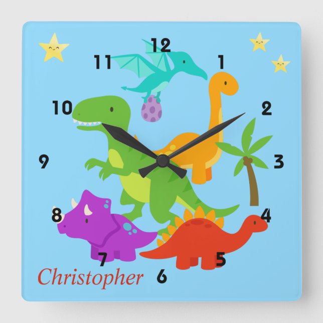 Dinosaur Fun Colourful Blue Square Wall Clock (Front)