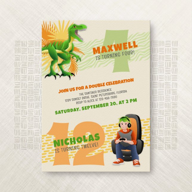 Dinosaur Gamer Joint Double Birthday Invitation (Creator Uploaded)