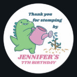 Dinosaur Gardening Cartoon Kids Birthday Party Classic Round Sticker<br><div class="desc">Cute party favours for kids,  boys or girls who love dinosaurs and t-rex. Perfect for kids birthday party,  party favours and thank you label. You can also customise the text for baby shower or other occasion and party.</div>