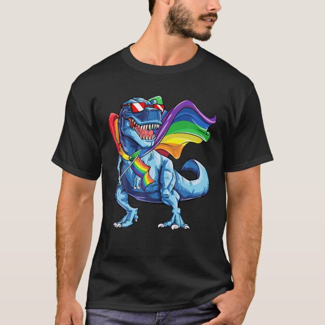 Dinosaur Gay Pride LGBT Rainbow Flag T Rex Sunglas T-Shirt (Front)
