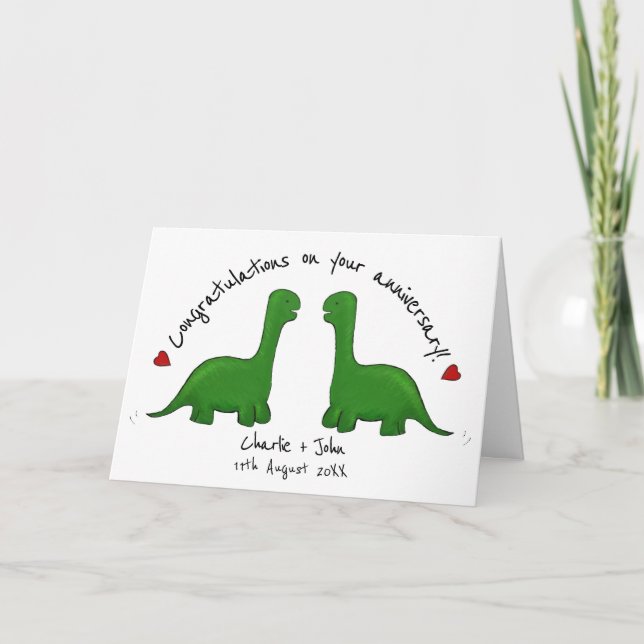 Dinosaur gay wedding anniversary congratulations  card (Front)