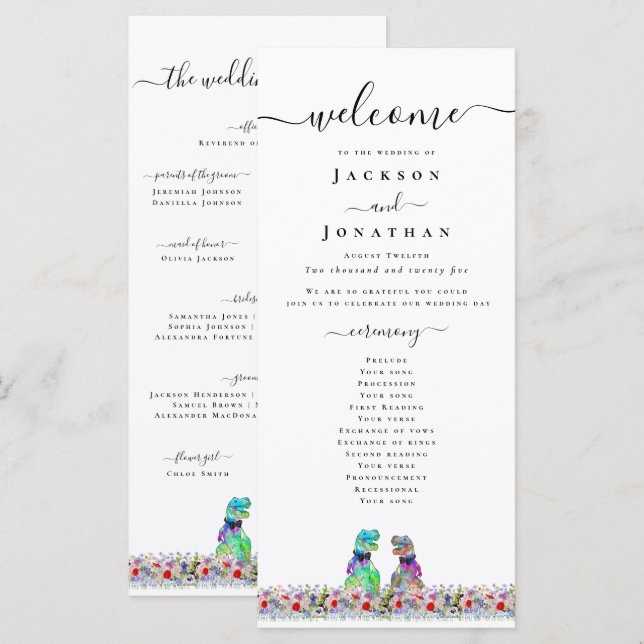 Dinosaur Gay Wedding Ceremony Program Menu (Front/Back)