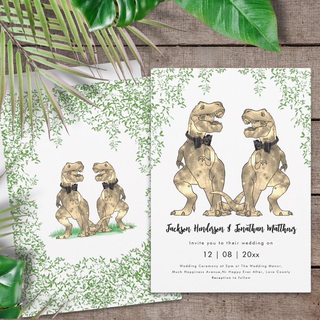 Dinosaur Gay Wedding T-Rex Two Grooms Invitation (Dinosaur gay wedding two grooms watercolor dino wedding save the date invitation)