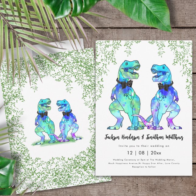 Dinosaur Gay Wedding T-Rex Two Grooms Invitation (Dinosaur gay wedding two T-Rex grooms colorful dino wedding invitation in vibrant bright colors )